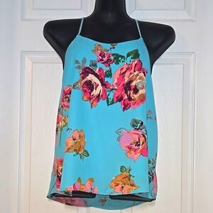 Everly Aqua Blue Floral Halter Top Size Small